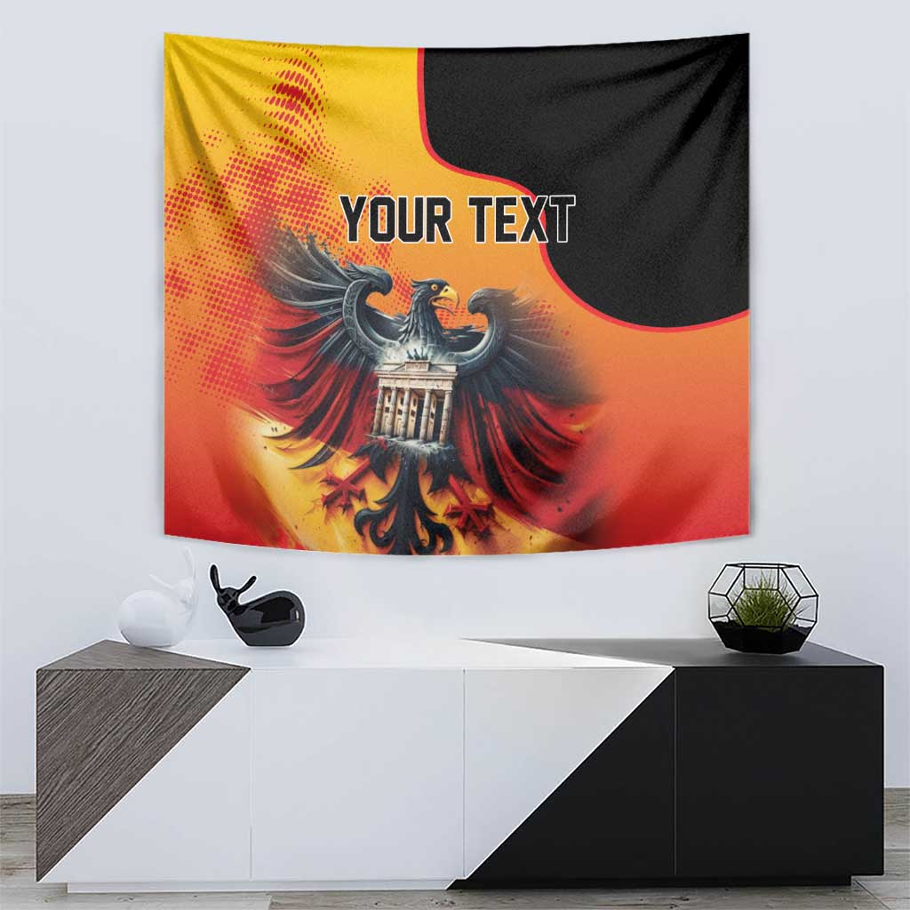 Personalized wall tapestry featuring eagle and Berlin Wall gate, 'YOUR TEXT', orange gradient