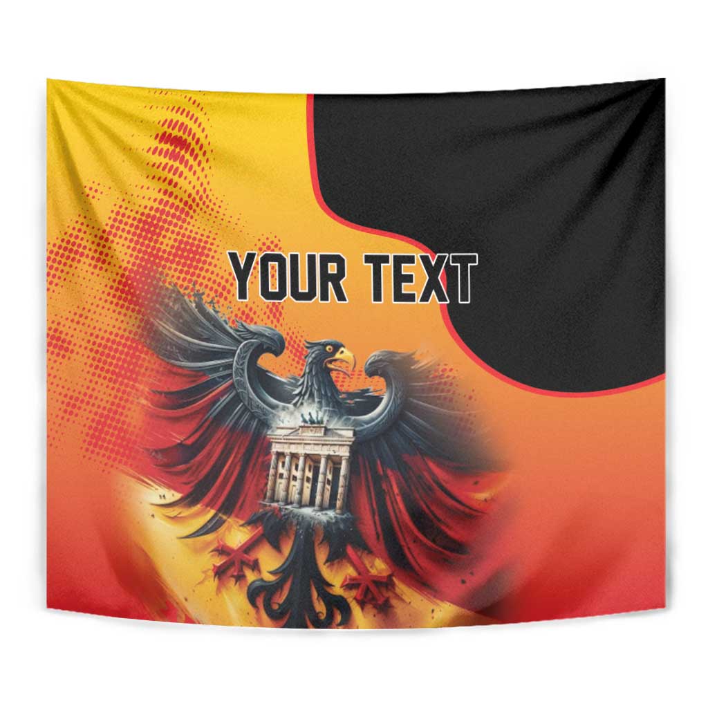 Personalized wall tapestry close-up: eagle and Berlin Wall motif, 'YOUR TEXT', orange-red