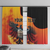 Custom window curtain set with eagle design, black and yellow panels and “YOUR TEXT” text