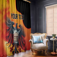 Custom window curtain panel with eagle artwork, black trim and “YOUR TEXT” for personalization