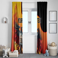Custom window curtain pair with eagle graphic, black and yellow panels and “YOUR TEXT”