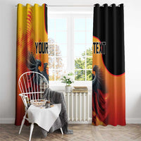 Custom window curtain set with eagle graphic, gold and black panels and “YOUR TEXT”