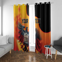 Custom window curtain pair, black and yellow with eagle graphic and “YOUR TEXT” panels