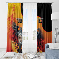Custom window curtain pair with eagle design, black and gold panels and “YOUR TEXT”