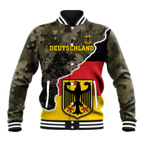 Men's camo varsity baseball jacket with red panel, DEUTSCHLAND crest and striped rib trim