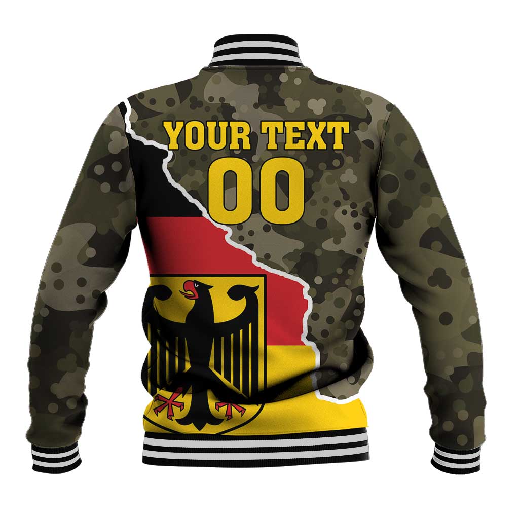 Camo varsity baseball jacket back with red-white graphic, YOUR TEXT 00 and striped rib trim