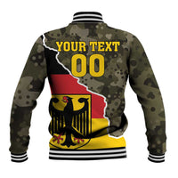 Camo varsity baseball jacket back with red-white graphic, YOUR TEXT 00 and striped rib trim