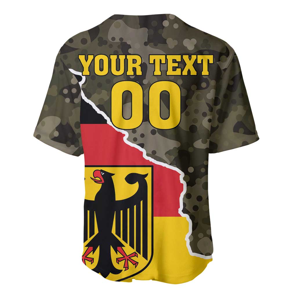 Camouflage baseball jersey with YOUR TEXT 00 and Germany shield emblem, red and yellow panels