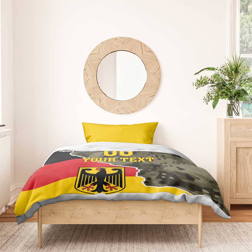 Germany 1990 bedding set with camo flag duvet, crest emblem, and “00 YOUR TEXT” on bed