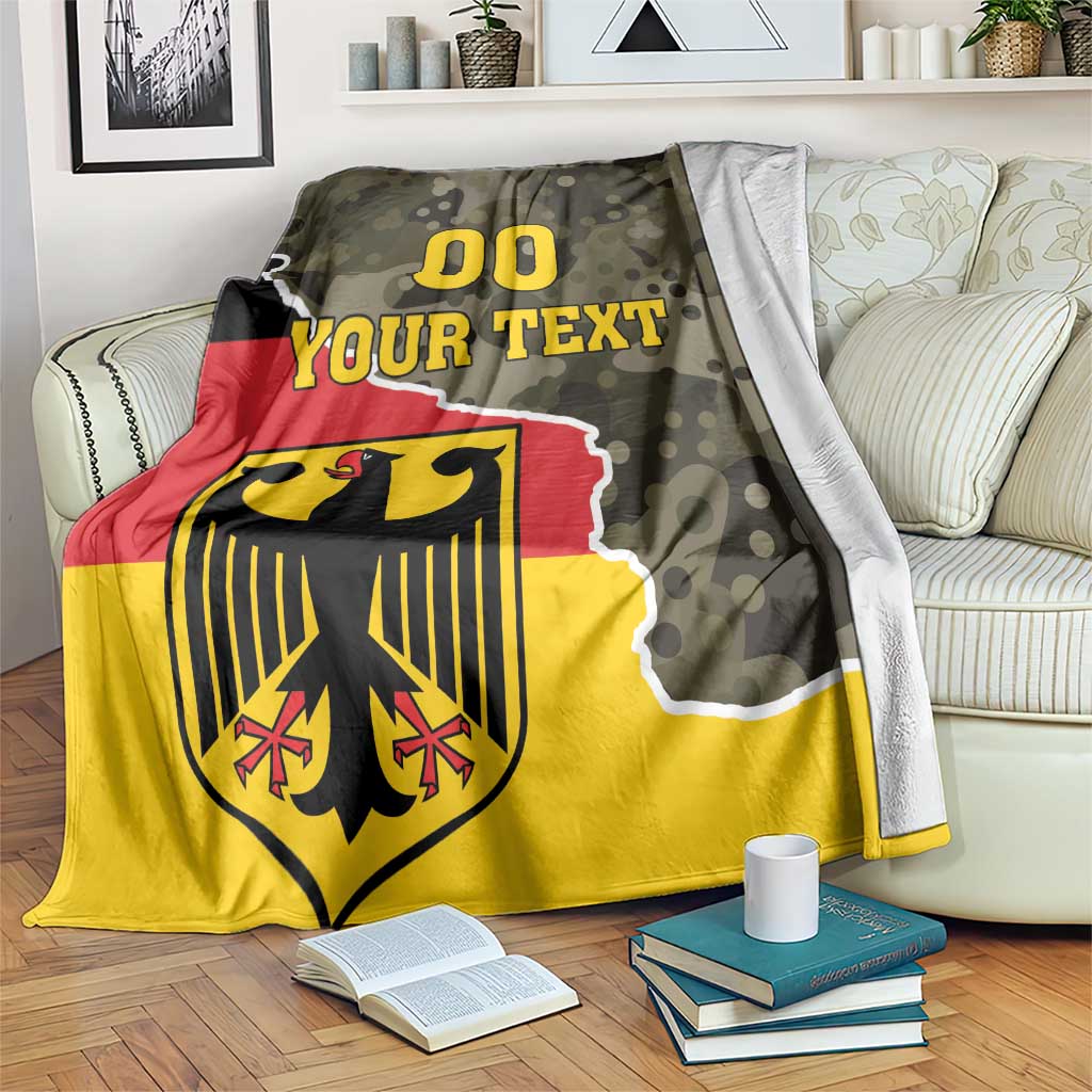 Green camo Germany blanket with red-yellow panel, black eagle coat of arms, and “YOUR TEXT”