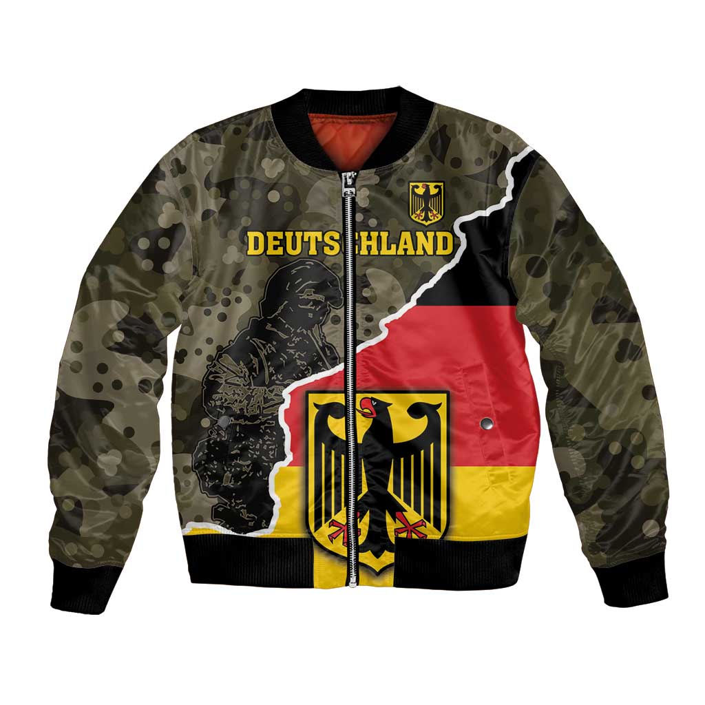 Camo bomber jacket with front zipper; graphic shows 'DEUTSCHLAND' and eagle shield