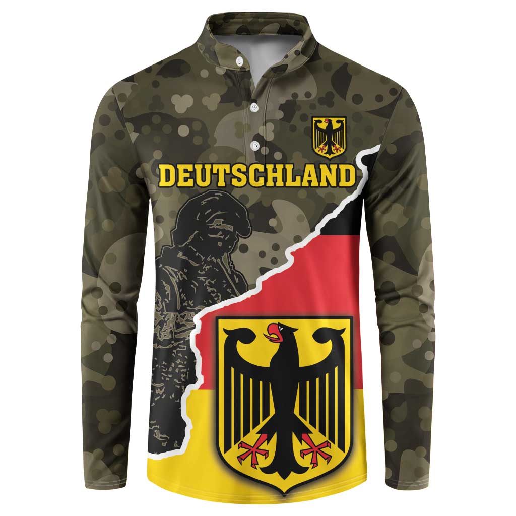 Camo button-up sweatshirt with Deutschland graphic, coat of arms shield, long sleeves