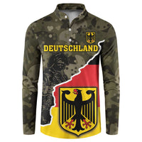Camo button-up sweatshirt with Deutschland graphic, coat of arms shield, long sleeves