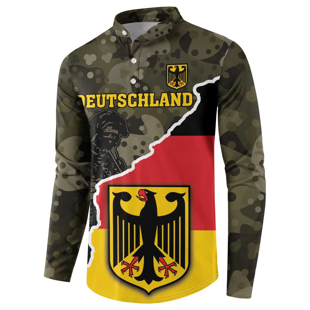 Camo button-up sweatshirt with Deutschland emblem, flag-style panel, long sleeves