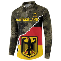 Camo button-up sweatshirt with Deutschland emblem, flag-style panel, long sleeves