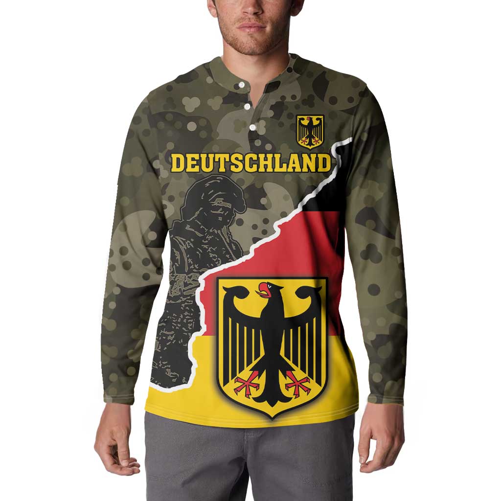 Camo button-up sweatshirt with Deutschland text and coat of arms shield, long sleeves