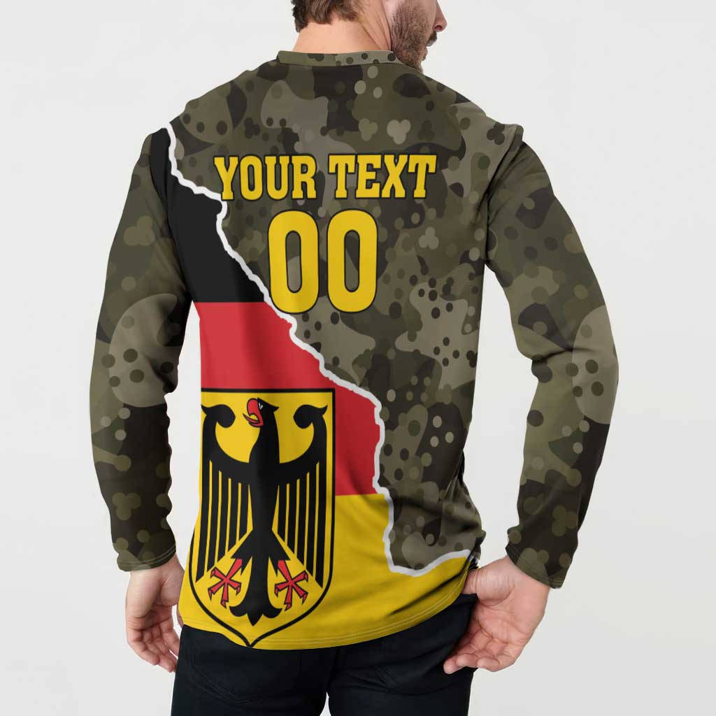 Camo button-up sweatshirt back print with YOUR TEXT 00 and coat of arms, long sleeves
