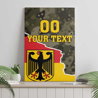 Canvas wall art on shelf featuring green camo background, red band, and eagle crest.