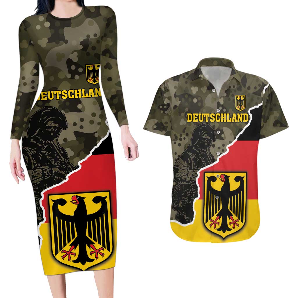 Custom Germany 1990 Couples Matching Long Sleeve Bodycon Dress and Hawaiian Shirt Coat Of Arms With Camo Patterns - Wonder Print Shop