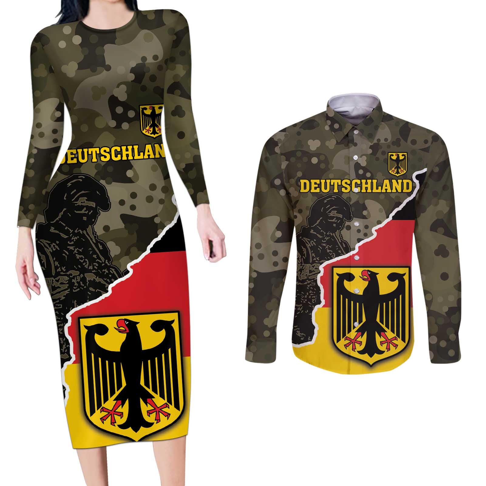 Custom Germany 1990 Couples Matching Long Sleeve Bodycon Dress and Long Sleeve Button Shirt Coat Of Arms With Camo Patterns - Wonder Print Shop