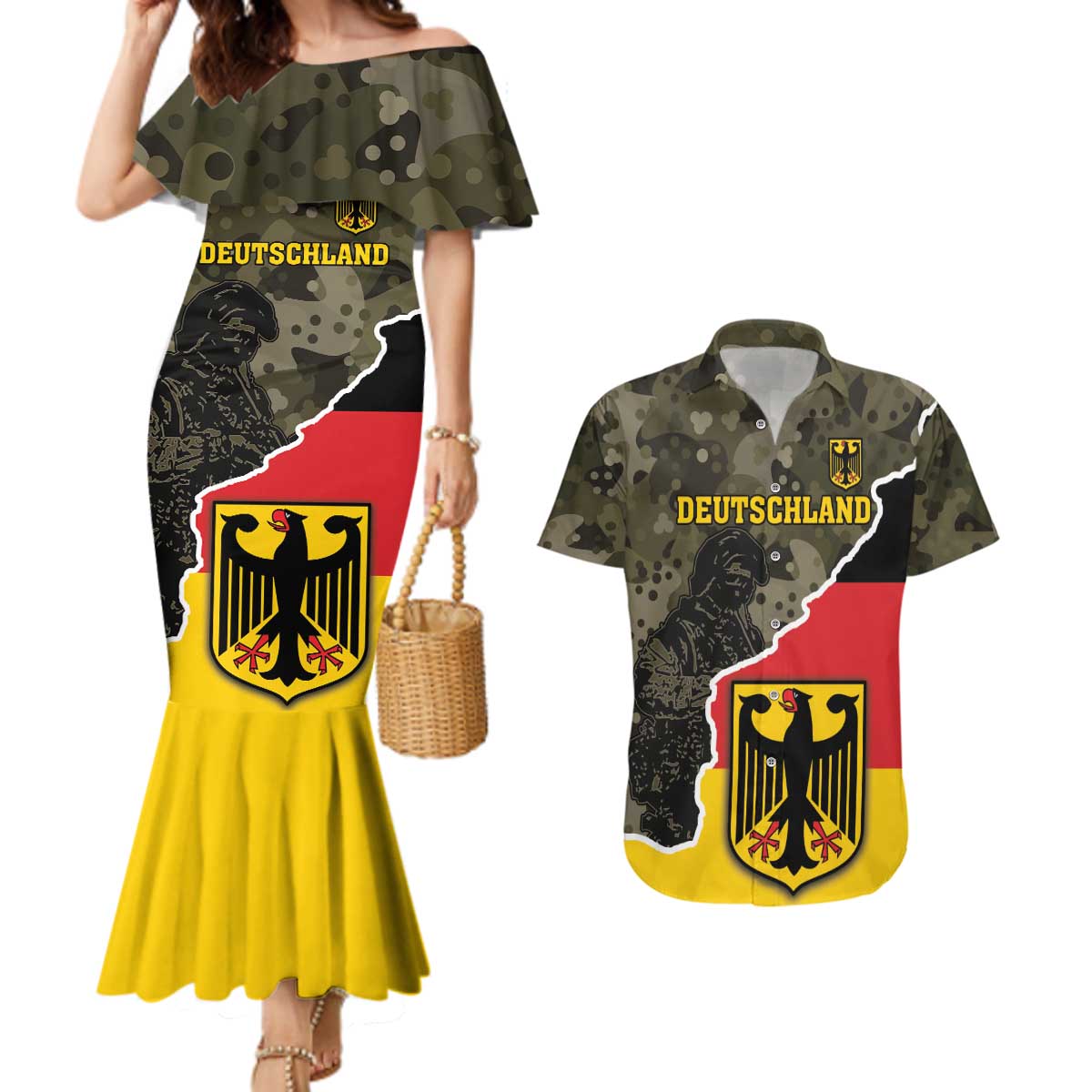 Custom Germany 1990 Couples Matching Mermaid Dress and Hawaiian Shirt Coat Of Arms With Camo Patterns - Wonder Print Shop