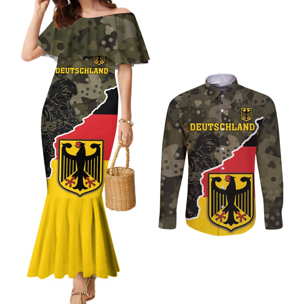 Custom Germany 1990 Couples Matching Mermaid Dress and Long Sleeve Button Shirt Coat Of Arms With Camo Patterns