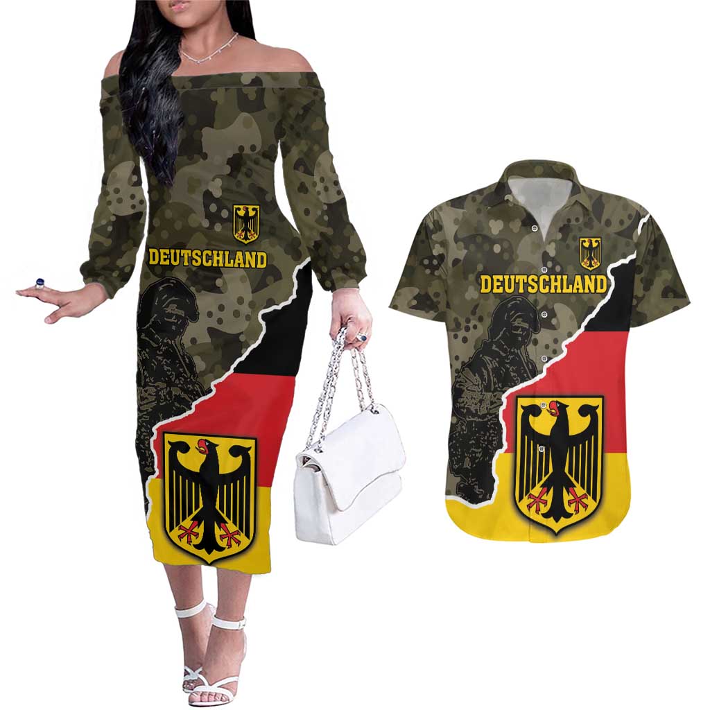 Custom Germany 1990 Couples Matching Off The Shoulder Long Sleeve Dress and Hawaiian Shirt Coat Of Arms With Camo Patterns - Wonder Print Shop