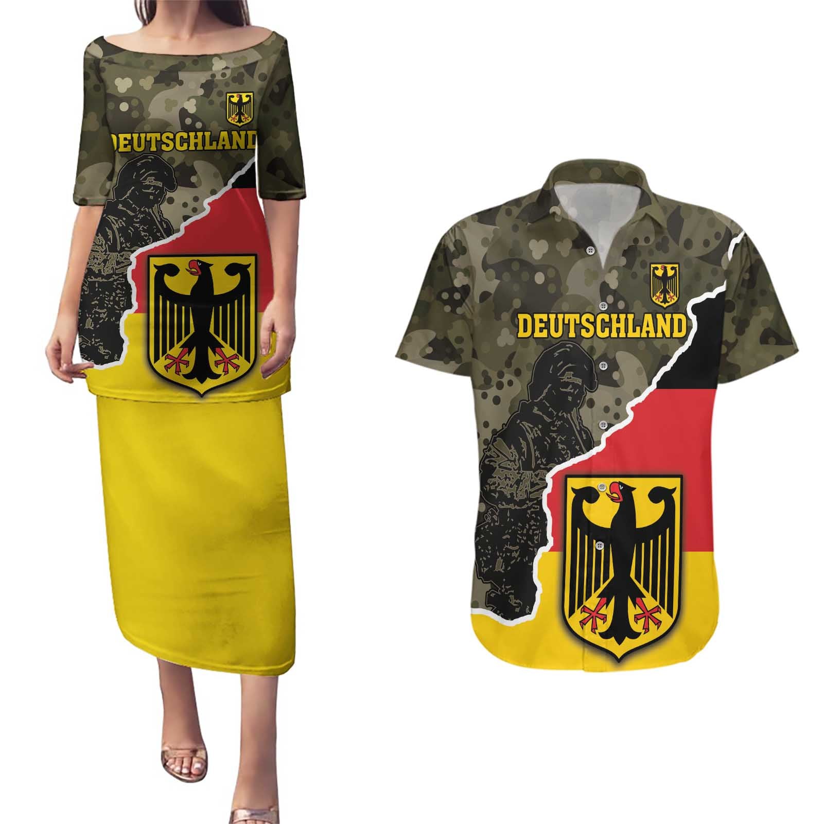 Custom Germany 1990 Couples Matching Puletasi and Hawaiian Shirt Coat Of Arms With Camo Patterns - Wonder Print Shop