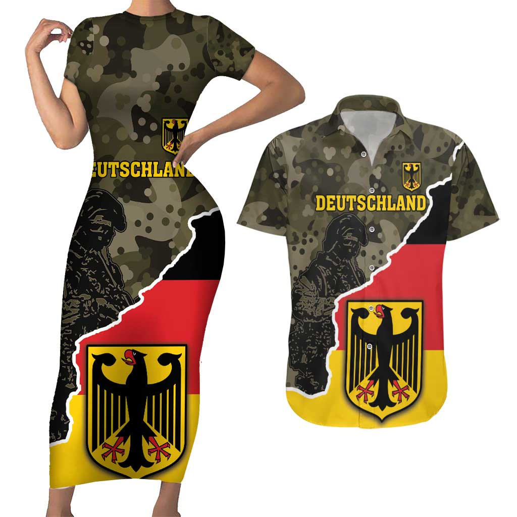 Custom Germany 1990 Couples Matching Short Sleeve Bodycon Dress and Hawaiian Shirt Coat Of Arms With Camo Patterns - Wonder Print Shop