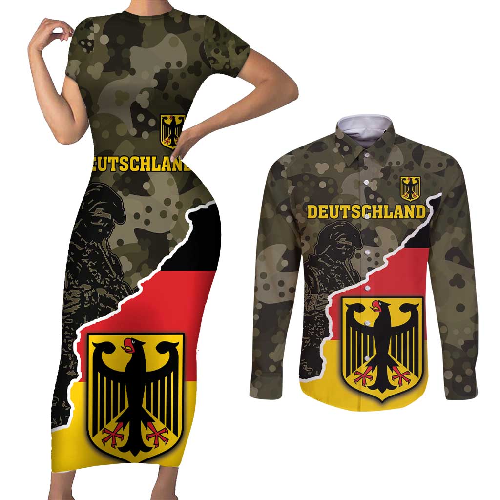 Custom Germany 1990 Couples Matching Short Sleeve Bodycon Dress and Long Sleeve Button Shirt Coat Of Arms With Camo Patterns - Wonder Print Shop