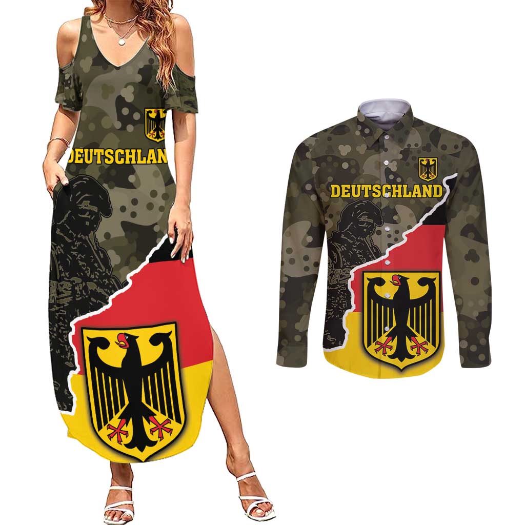 Custom Germany 1990 Couples Matching Summer Maxi Dress and Long Sleeve Button Shirt Coat Of Arms With Camo Patterns - Wonder Print Shop