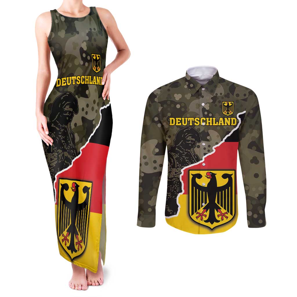 Custom Germany 1990 Couples Matching Tank Maxi Dress and Long Sleeve Button Shirt Coat Of Arms With Camo Patterns - Wonder Print Shop