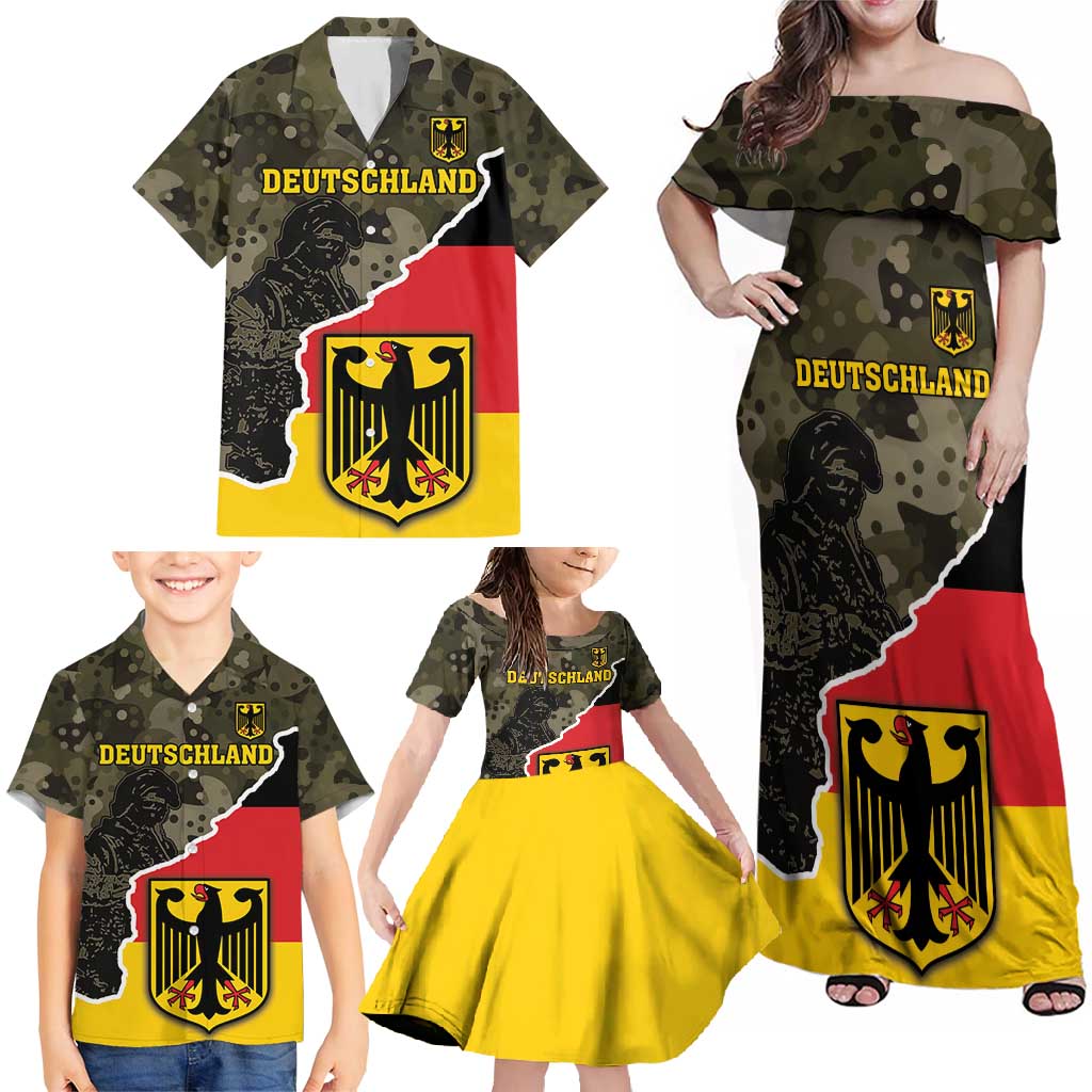 Custom Germany 1990 Family Matching Off Shoulder Maxi Dress and Hawaiian Shirt Coat Of Arms With Camo Patterns - Wonder Print Shop