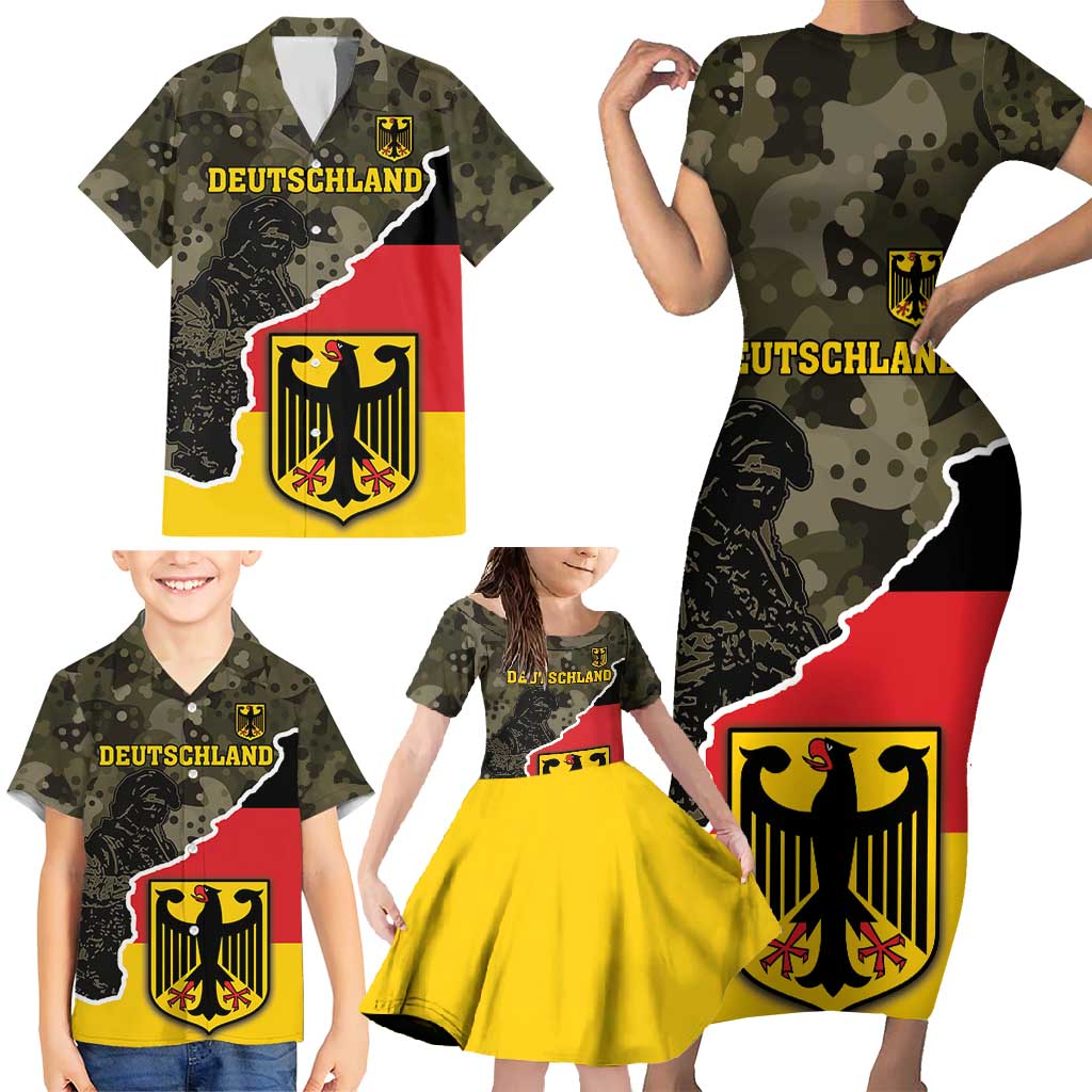 Custom Germany 1990 Family Matching Short Sleeve Bodycon Dress and Hawaiian Shirt Coat Of Arms With Camo Patterns - Wonder Print Shop