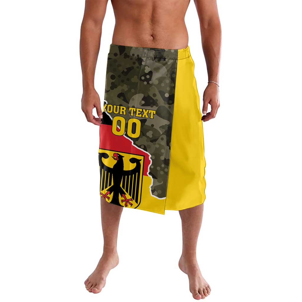 Germany 1990 lavalava wrap skirt with camo panel, red and yellow crest print
