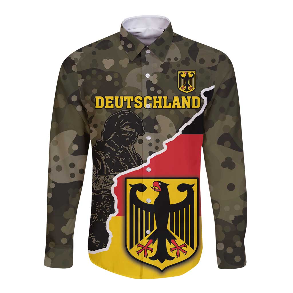 Long sleeve button shirt, camo olive with Germany crest, DEUTSCHLAND front graphic