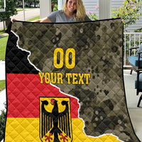 Personalized Germany quilt blanket with camo pattern, crest, and 'YOUR TEXT' on red/yellow.
