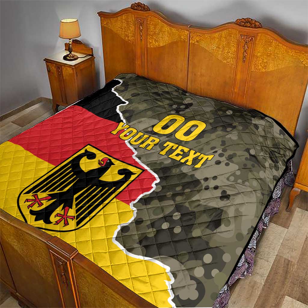 Personalized Germany quilt blanket, camo gray-black with red and yellow, crest and 'YOUR TEXT'.