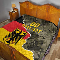 Personalized Germany quilt blanket, camo gray-black with red and yellow, crest and 'YOUR TEXT'.
