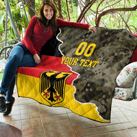 Personalized Germany quilt blanket showing '00' and 'YOUR TEXT' on camo and red/yellow panels.