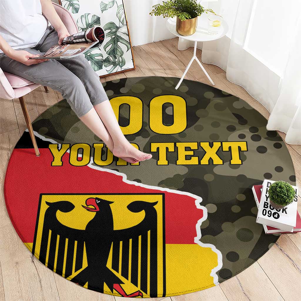 Round camouflage carpet with eagle crest, large 'YOUR TEXT' lettering, and red-yellow shield