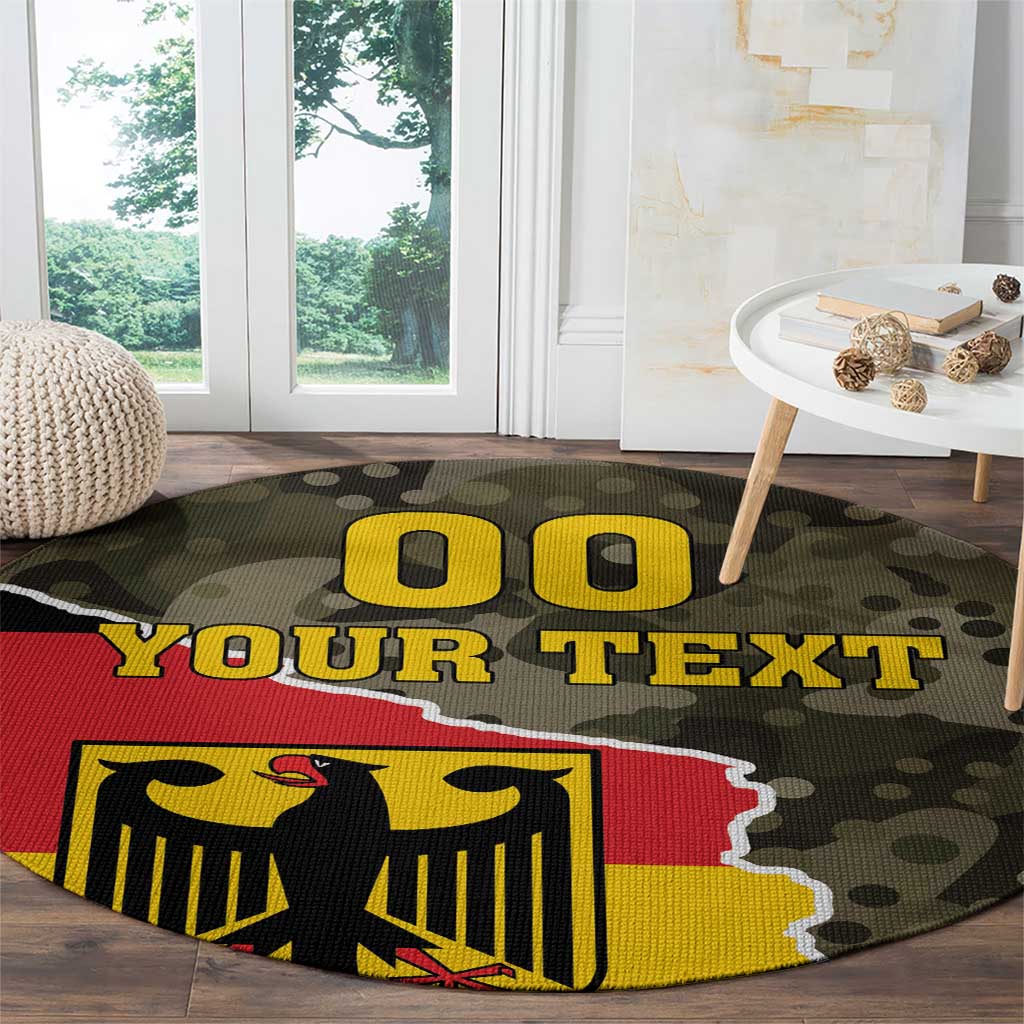 Round camouflage carpet with '00' and 'YOUR TEXT' text, featuring an eagle shield graphic