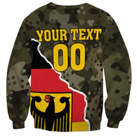 Camo sweatshirt with Your Text 00 graphic, red/white Germany outline, crew neck
