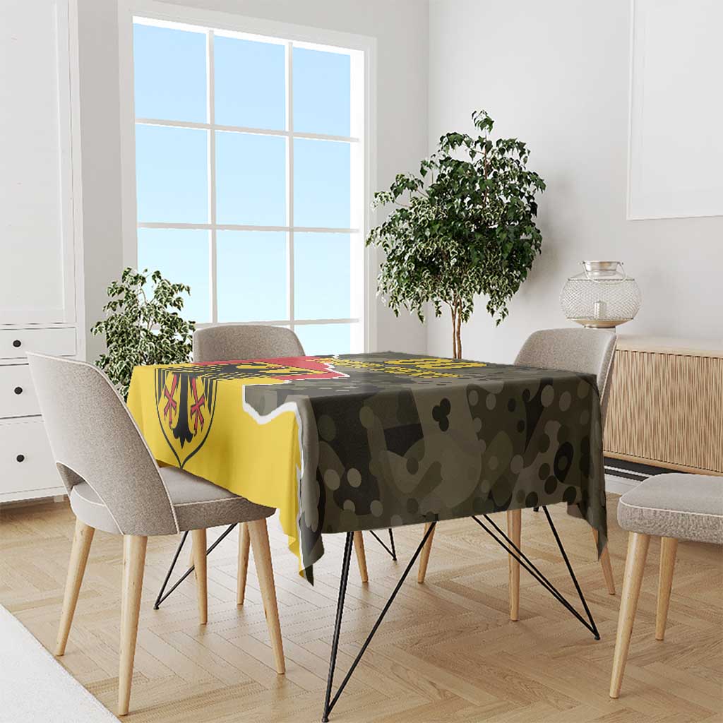 Rectangular tablecloth with coat-of-arms emblem, camouflage pattern, and yellow center print