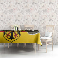 Rectangular tablecloth with coat-of-arms graphic and camouflage design in yellow and dark gray