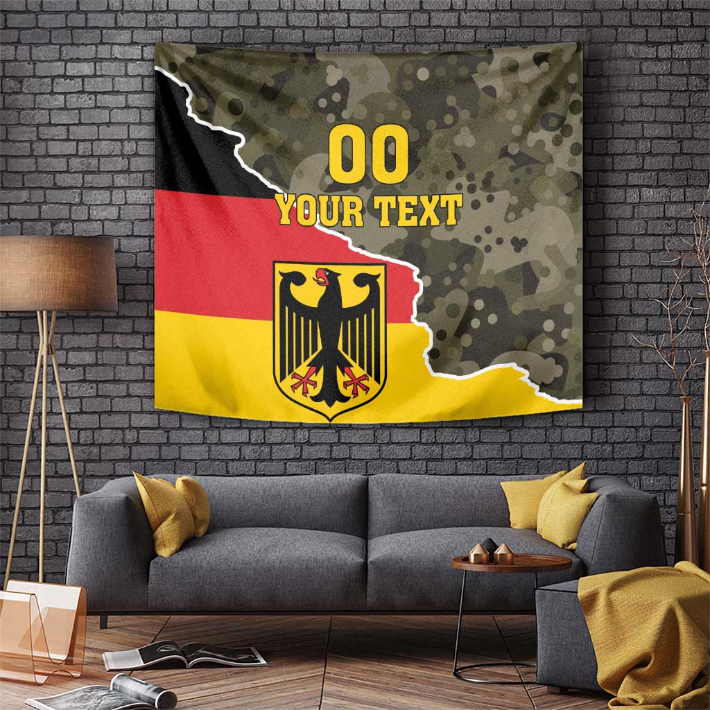 Germany flag camouflage tapestry with eagle-like coat of arms crest and '00 YOUR TEXT'