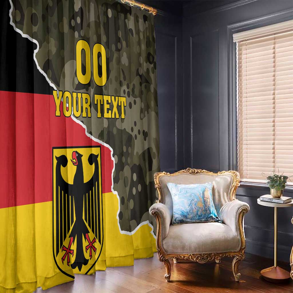 Camo window curtain set with Germany coat of arms and customizable text, hanging on rod