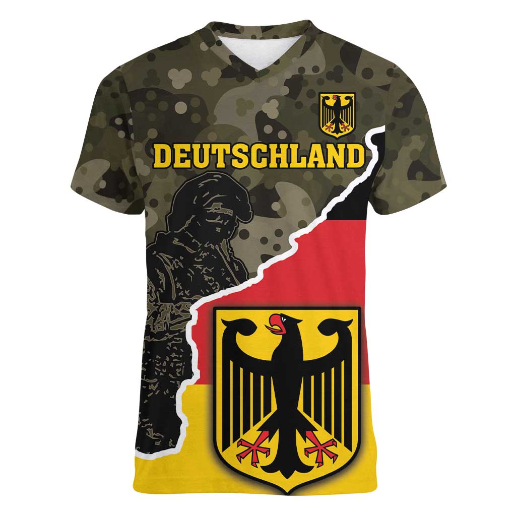 Custom Germany 1990 Women V-Neck T-Shirt Coat Of Arms With Camo Patterns - Wonder Print Shop