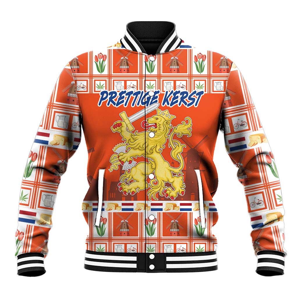 Orange baseball jacket with striped collar, cuffs, and bold 'PRETTIGE KERST' front graphic