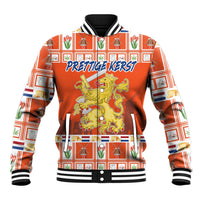 Orange baseball jacket with striped collar, cuffs, and bold 'PRETTIGE KERST' front graphic